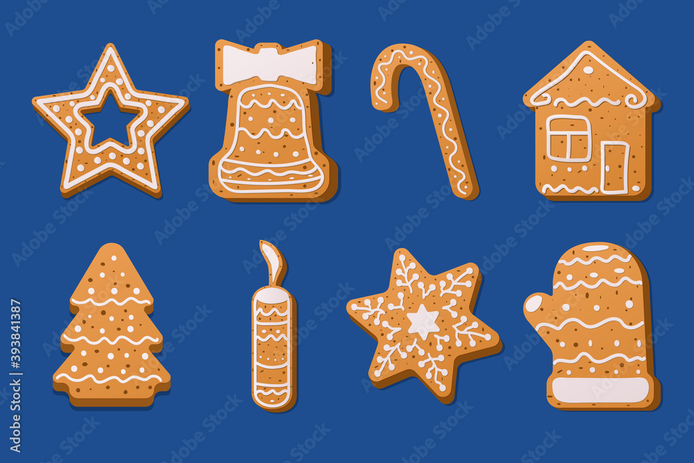 Set of Christmas gingerbread on a blue background. Set of Christmas gingerbread on a blue background.