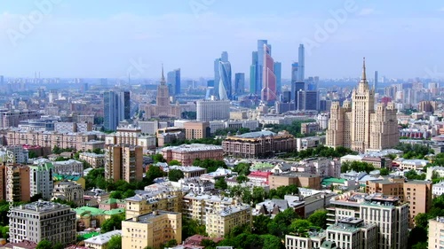 Moscow, Russia. Aerial panoramic view of the downtown, soviet high-rise buildings and Moscow city skyscrapers Drone flying over the amazing cityscape.