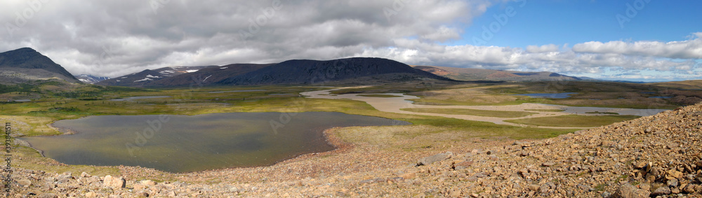 Tundra landscape. View at Ray-Iz massif and Yengayu river valley. Yamalo-Nenets Autonomous Okrug (Yamal), Russia.