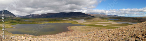 Tundra landscape. View at Ray-Iz massif and Yengayu river valley. Yamalo-Nenets Autonomous Okrug (Yamal), Russia.