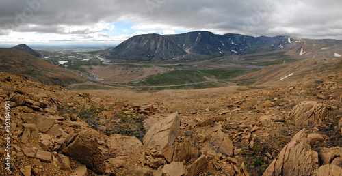 Tundra landscape. Panorama of Yengayu river valley. Ray-Iz massif, Yamalo-Nenets Autonomous Okrug (Yamal), Russia.