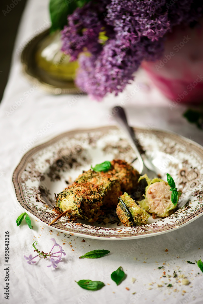 sausage rolls in zucchini on skewers.style rustic sausage rolls in zucchini on skewers.style rustic