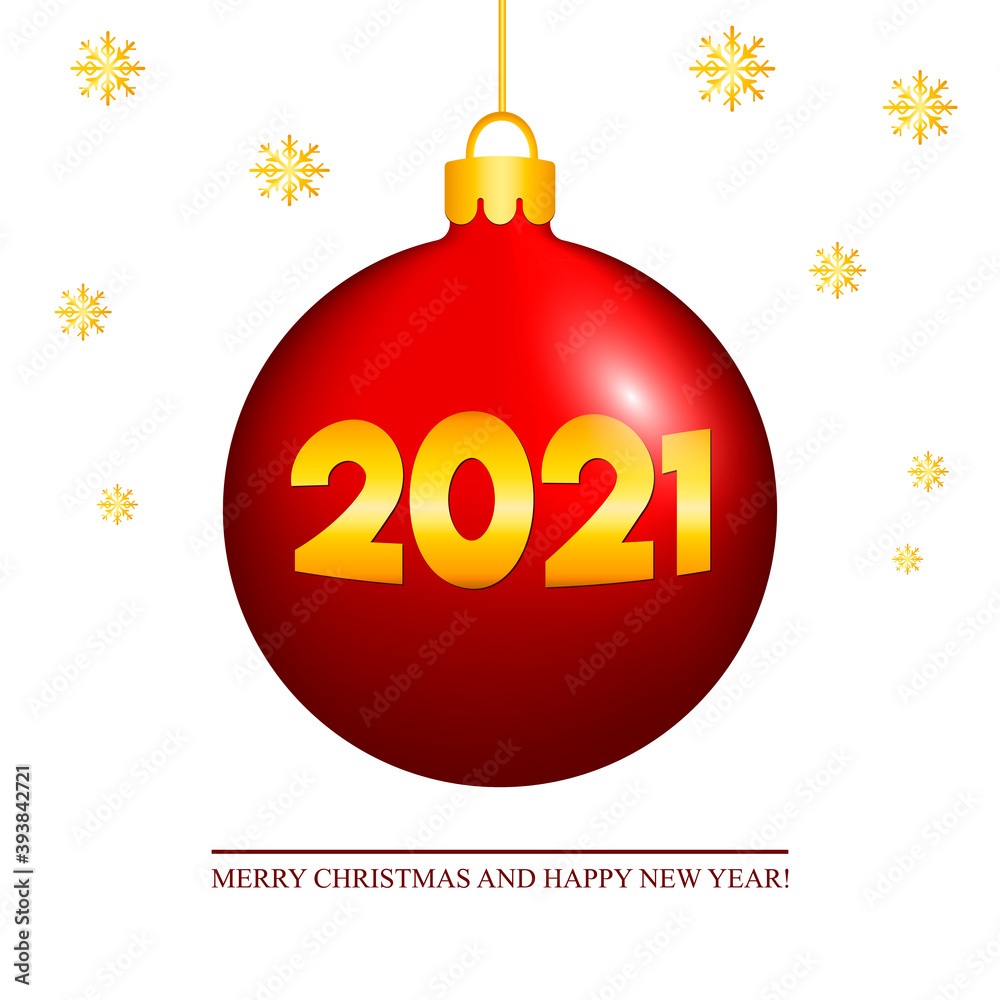 Red Christmas bal and golden snowflakes isolated on white background. Merry Christmas and Happy New Year card. Vector illustration Red Christmas bal and golden snowflakes isolated on white background. Merry Christmas and Happy New Year card. Vector illustration