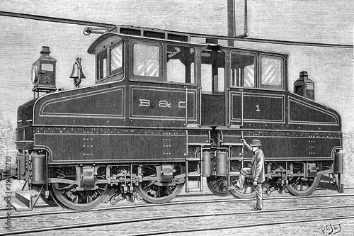 96 Ton. Electric locomotive from General Electric for the Baltimore Railroad Company. Antique illustration. 1895.