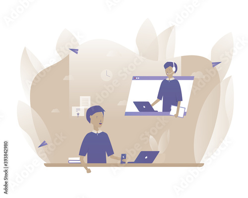 A man is viewing a lecture or webinar on his computer. Online or distance education. Vector illustration with Web communication idea for business, start up, marketing, telework, remote working and fre