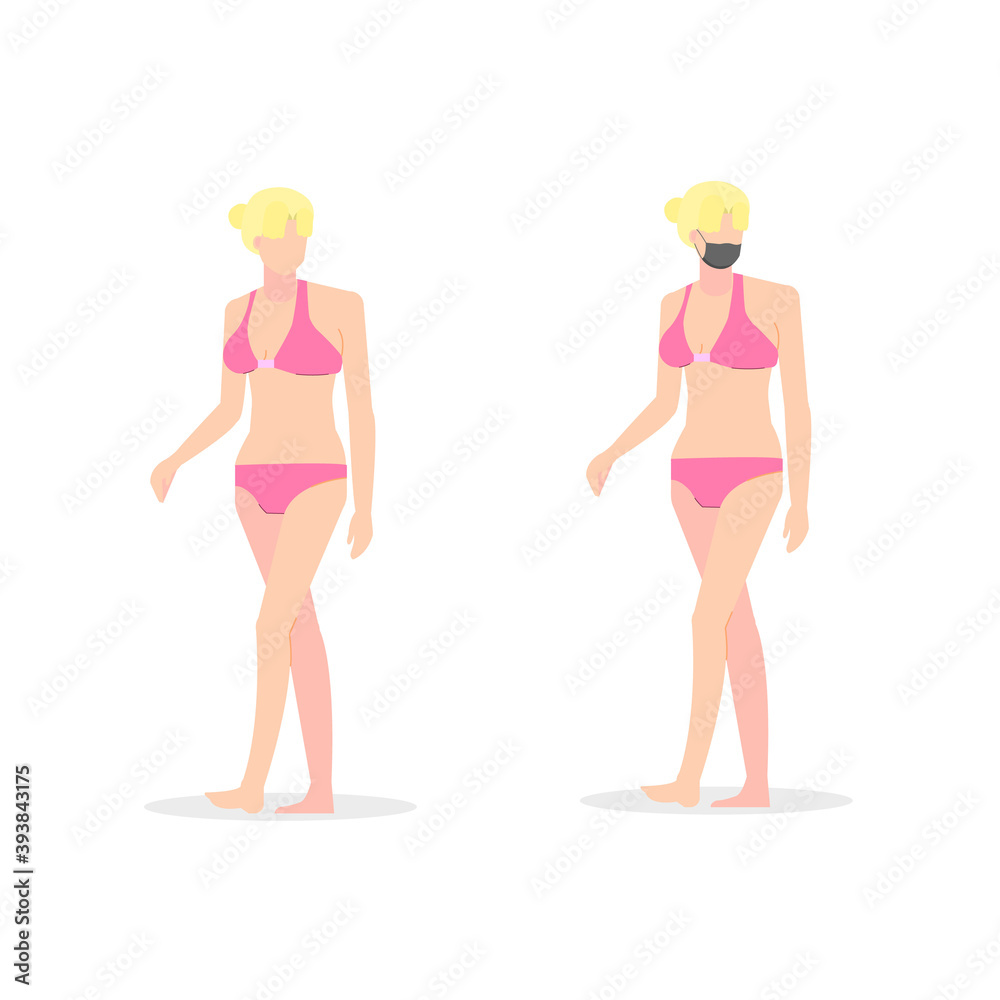 Beauty young woman walking pose with wearing two-piece and black mask.Cartoon girl slim vector illustration.Female beach tourism Beauty young woman walking pose with wearing two-piece and black mask.Cartoon girl slim vector illustration.Female beach tourism