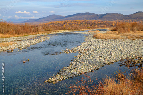 Fototapeta Naklejka Na Ścianę i Meble -  Mountainous tundra landscape. View of Malaya Paypudyna river. Polar Ural, Yamalo-Nenets Autonomous Okrug (Yamal), Russia.