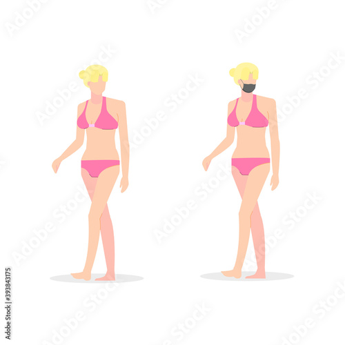 Beauty young woman walking pose with wearing two-piece and black mask.Cartoon girl slim vector illustration.Female beach tourism