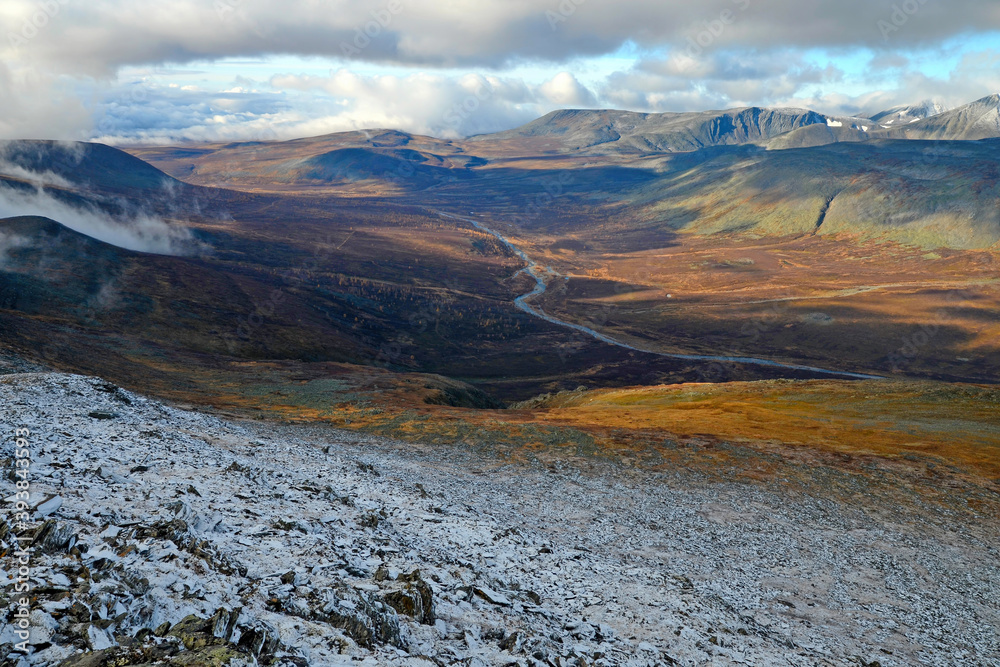 Mountainous tundra landscape. View of Malaya