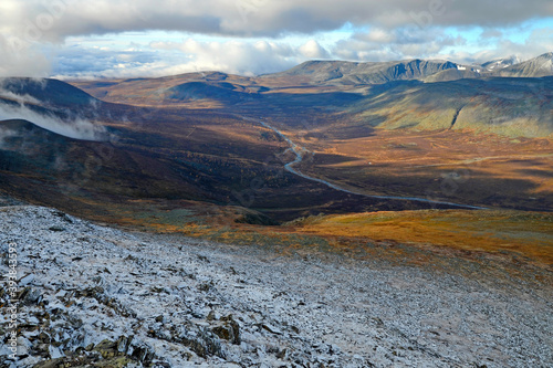 Mountainous tundra landscape. View of Malaya Paypudyna river valley and Paypudynsky range. Polar Ural, Yamalo-Nenets Autonomous Okrug (Yamal), Russia. photo