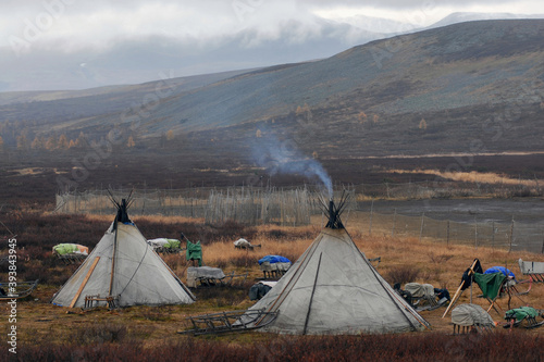 Camp of khanty reindeer herders in Malaya Paypudyna river valley. Polar Ural, Yamalo-Nenets Autonomous Okrug (Yamal), Russia. photo