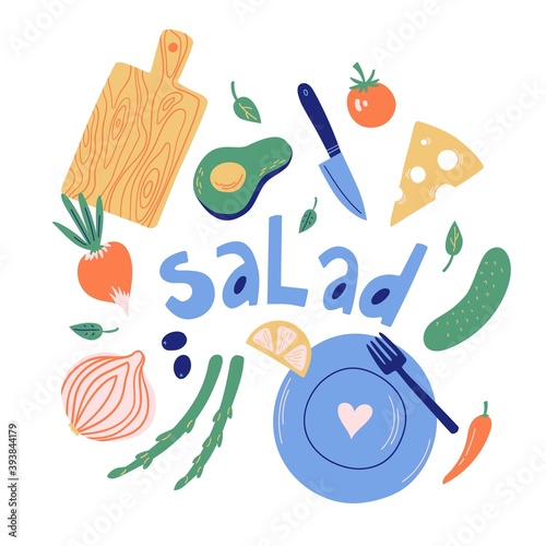 Vector homemade vegetable salad. Hand drawn elements. Cutting board, avocado, knife, cheese, radish, tomato, cucumber, onion, asparagus, pepper, fork, plate. Healthy eating