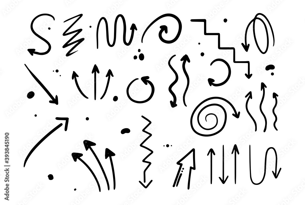 Doodle style hand drawing. Black and white arrows of different shapes ...