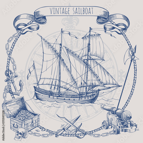 Adventure stories. Pirate background. Old caravel, vintage sailboat. Cannon, ghost ship, shipwreck, sea battle