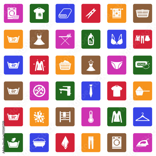 Laundry Washing Icons. White Flat Design In Square. Vector Illustration.
