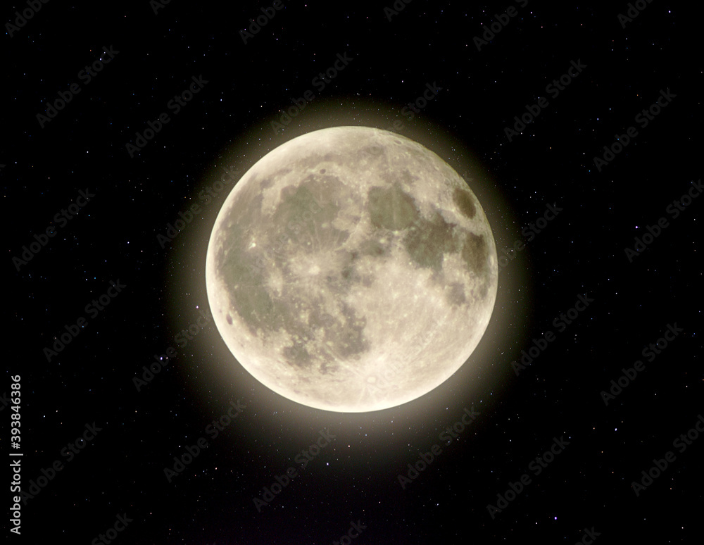 Illustration of a full moon with a halo against stars in space.