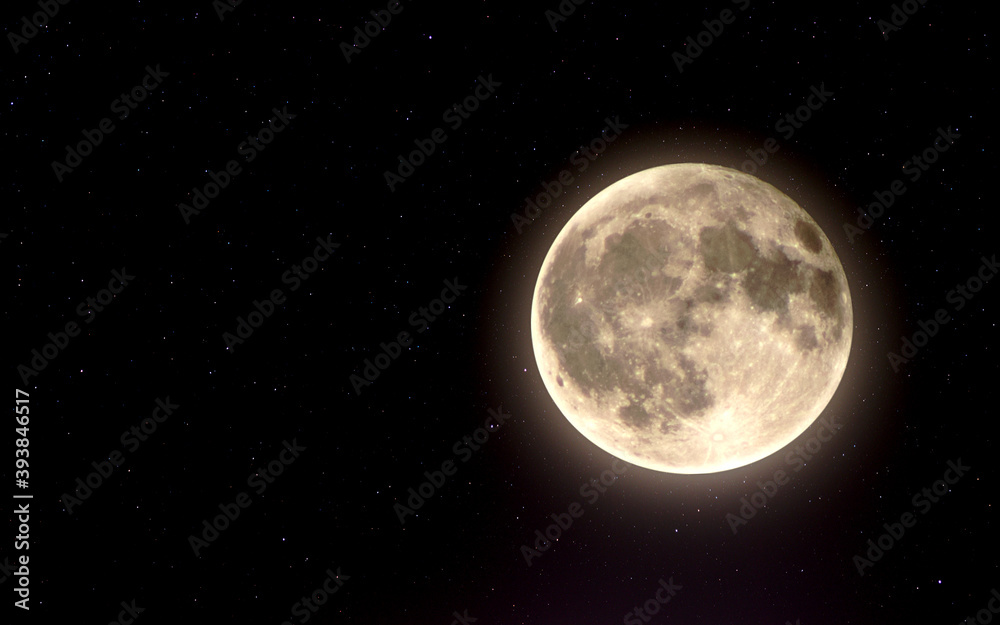 Illustration of a full moon with a halo offset against stars in space. Illustration of a full moon with a halo offset against stars in space.