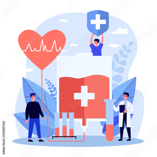 Happy people donating blood. Doctor, lab samples, bag for transfusion flat vector illustration. Patient support, charity, volunteering concept for banner, website design or landing web page