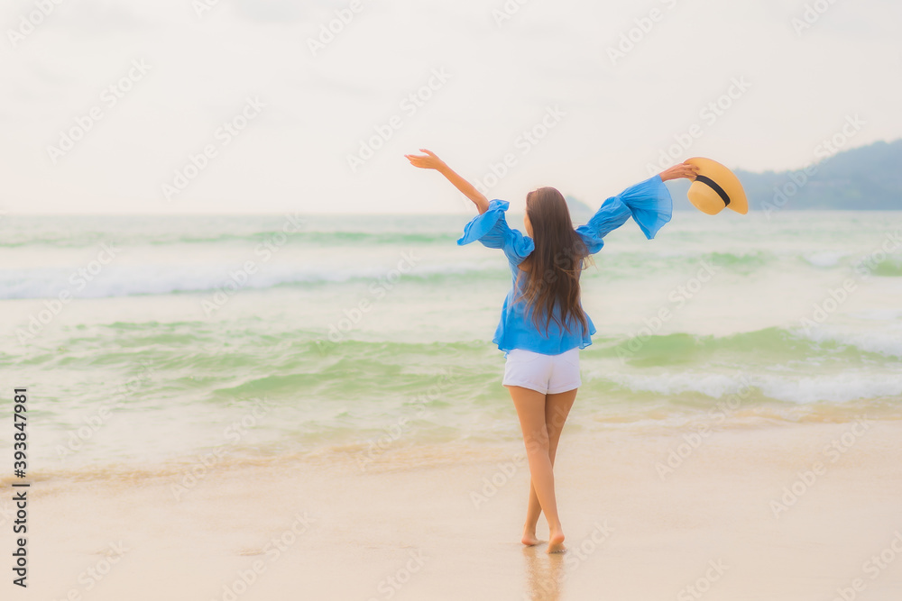 Portrait beautiful young asian woman relax leisure smile around beach sea ocean Portrait beautiful young asian woman relax leisure smile around beach sea ocean