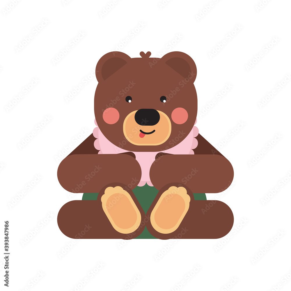 Obraz premium Bear in cartoon flat style. For garment print, cards, sticker, child school items, language educational course. Vector illustration.