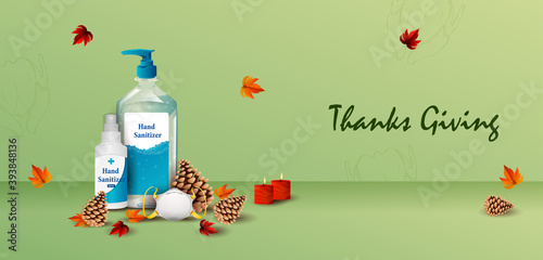 easy to edit vector illustration of Thanksgiving Harvesting festival background with sanitizer showing precaution from covid 19 corona virus