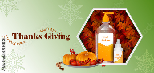 easy to edit vector illustration of Thanksgiving Harvesting festival background with sanitizer showing precaution from covid 19 corona virus