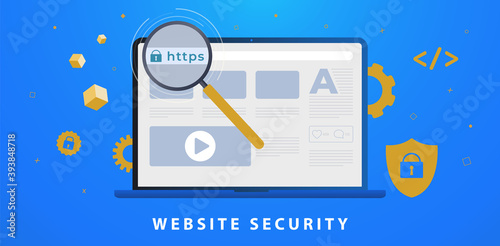 Website Security with https SSL certificate encryption. Transport Layer Security, Advantage TLS. Browser window with HyperText Transfer Protocol Secure url in web address bar. Flat vector illustration