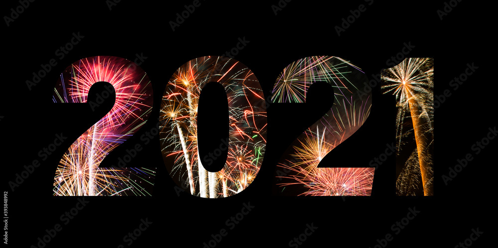 New year celebration fireworks on text 2021 for new year's event