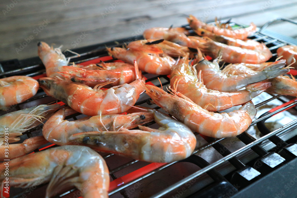 shrimp grilled bbq seafood on stove.