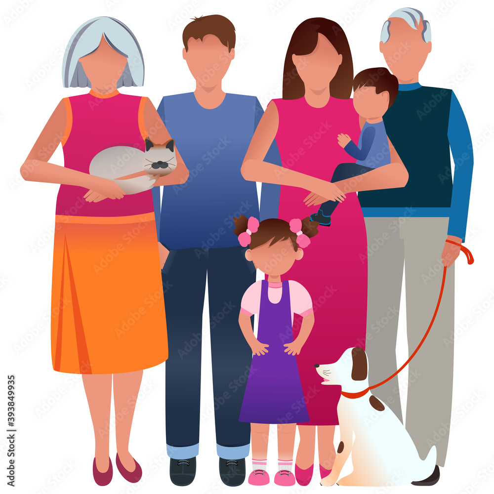 Family of 6 people. Family portrait. Graphic vector drawing in cartoon ...