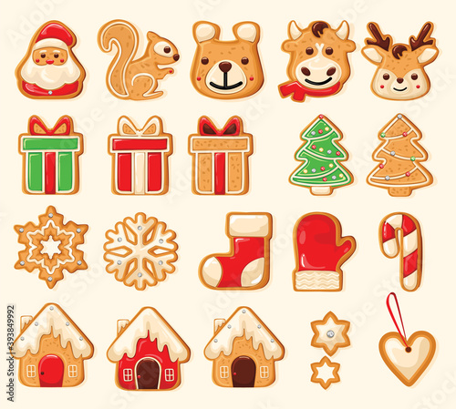 Set of cute gingerbread cookies for christmas. Christmas pastries. Biscuits. Isolated over white background. Vector illustration.