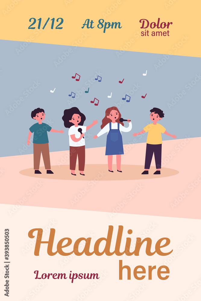 Group of children singing song with microphones. Kids attending music school, singing in church choir. Vector illustration for kids musical band, performance, talent show concept Group of children singing song with microphones. Kids attending music school, singing in church choir. Vector illustration for kids musical band, performance, talent show concept