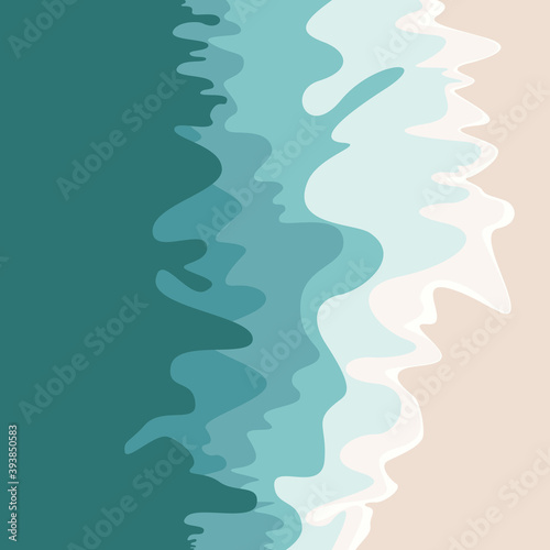 Sea beach top view. Sandy ocean shore. Vector illustration of coast with brown sand and green water.