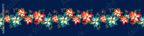 Merry Christmas and Happy New Year seamless long border pattern background with cute poinsettia flower, leaf and elderberry fruits garland design