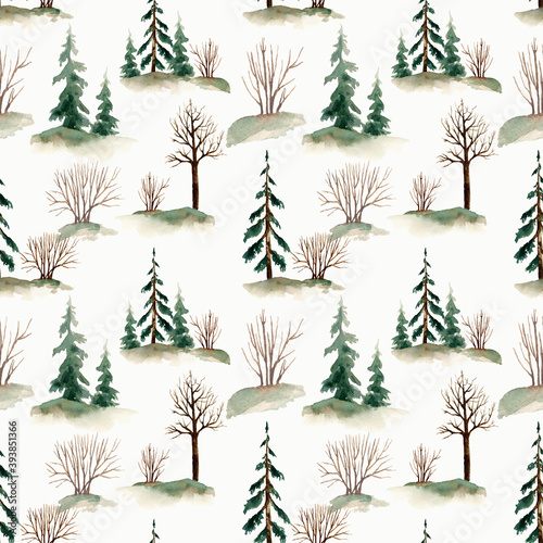 Seamless watercolor forest pattern