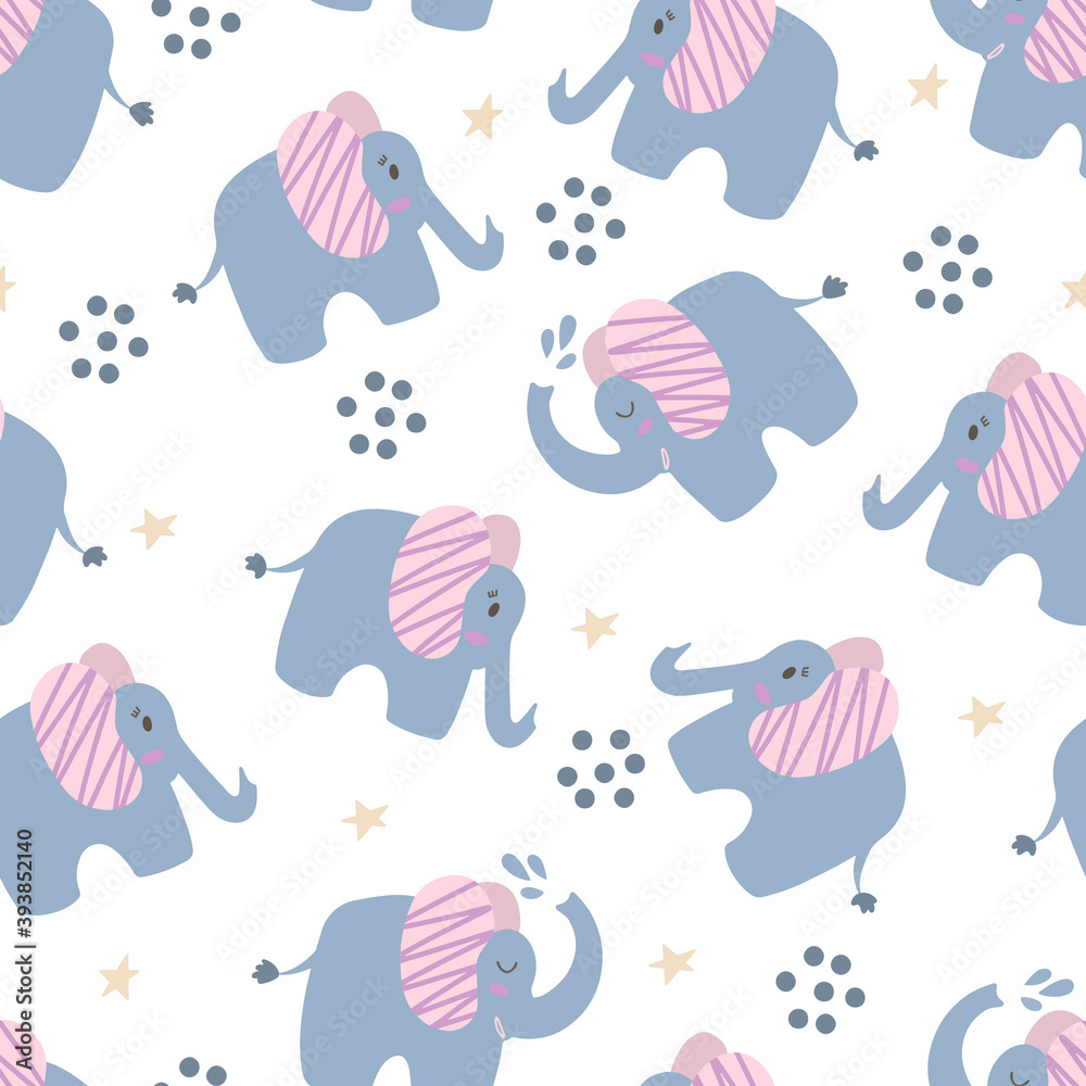 Obraz premium Seamless background with cute elephant. Decorative cute wallpaper for the nursery in the Scandinavian style. Suitable for children's clothing, interior design, packaging, printing.