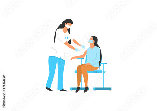 The nurse vaccinates the woman in a doctor's office. The concept of health protection through preventive vaccinations. Flat vector illustration. © norsob