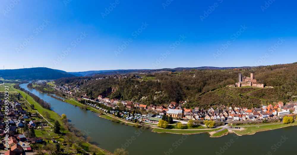 Aerial view, Henneburg, Stadtprozelten, behind Faulbach, Spessart, Franconia, Bavaria, Germany,
