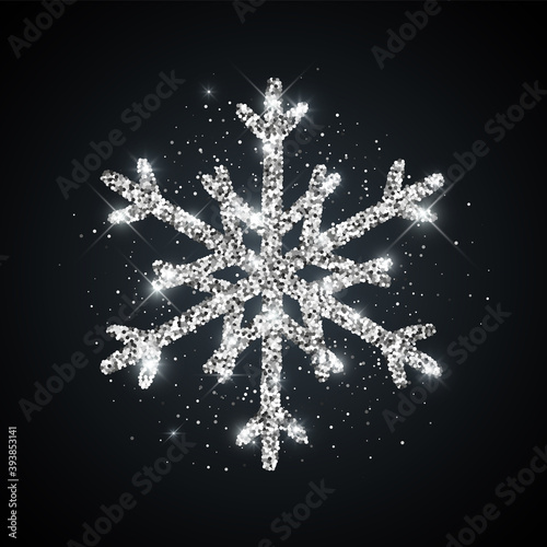 Silver glitter textured snowflake icon on black background. Vector Shiny Christmas, New year and winter sparkling golden hand drawn snow symbol for print, web, decoration, greeting card
