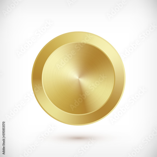 Metal gold circle badge. Vector Metallic textured golden button, shiny design elements for background, web, apps