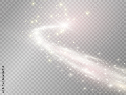 Vector of golden sparkling shooting stars. Star trail.