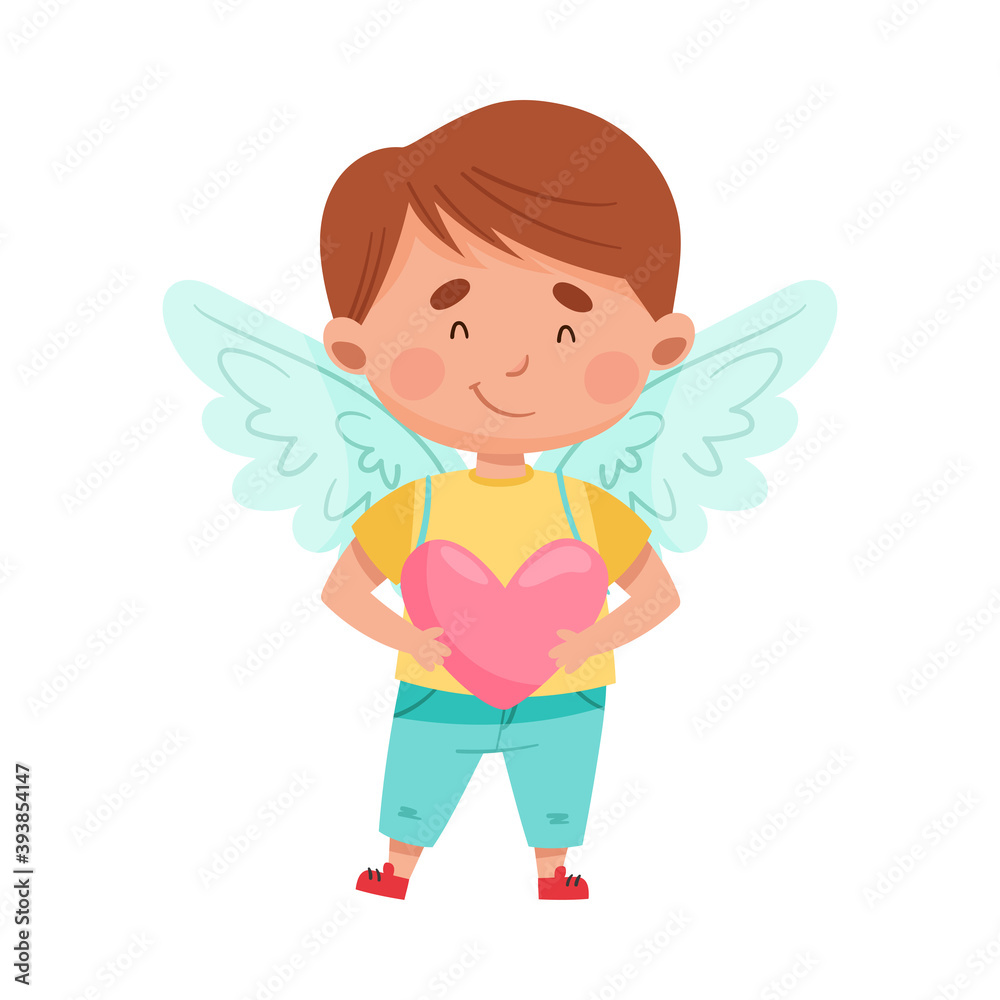 Pretty Boy Character with Wings Holding Heart Vector Illustration Pretty Boy Character with Wings Holding Heart Vector Illustration