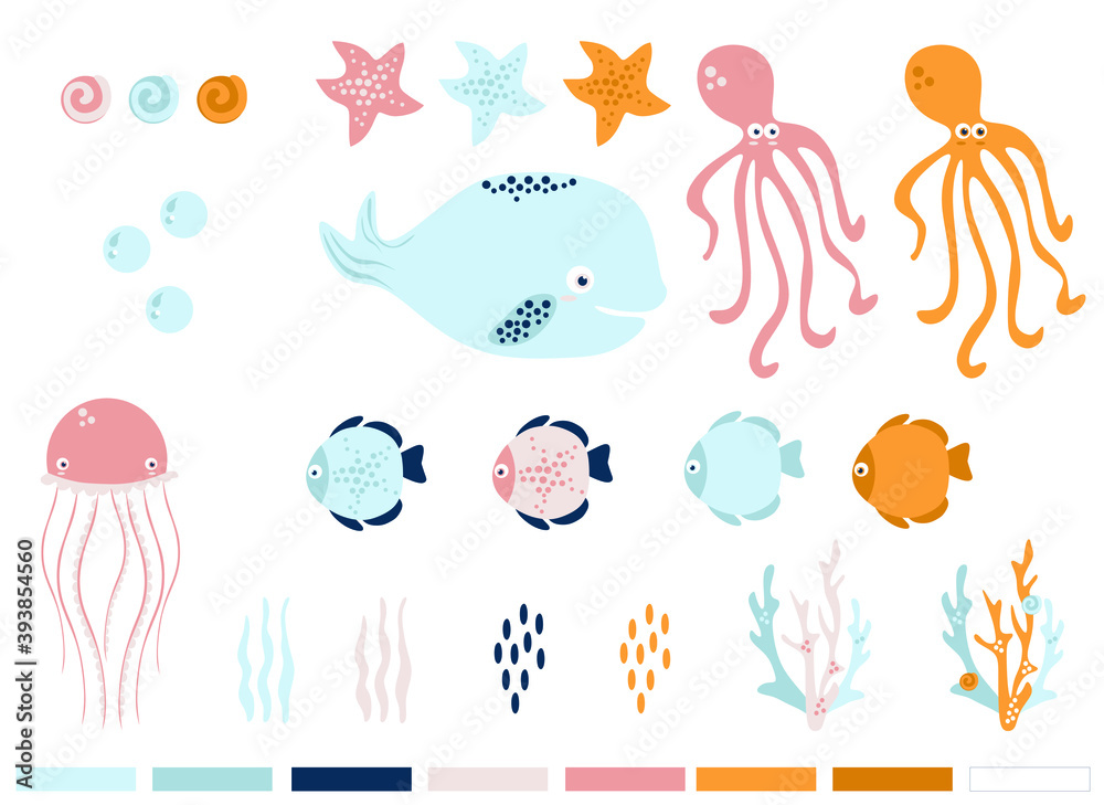 sea world, set of sea elements (whale, fish, jellyfish, squid, star, seashell, algae), vector illustration