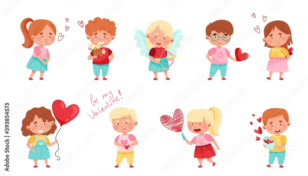 Pretty Boy and Girl Character Holding Love Heart and Valentines Card Vector Illustration Set Pretty Boy and Girl Character Holding Love Heart and Valentines Card Vector Illustration Set