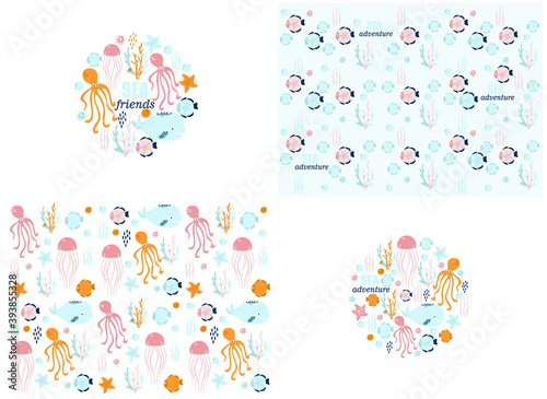 Wallpaper Mural set of posters of the sea world, vector illustration of fish, whale, jellyfish, squid, stars, seashells, corals Torontodigital.ca
