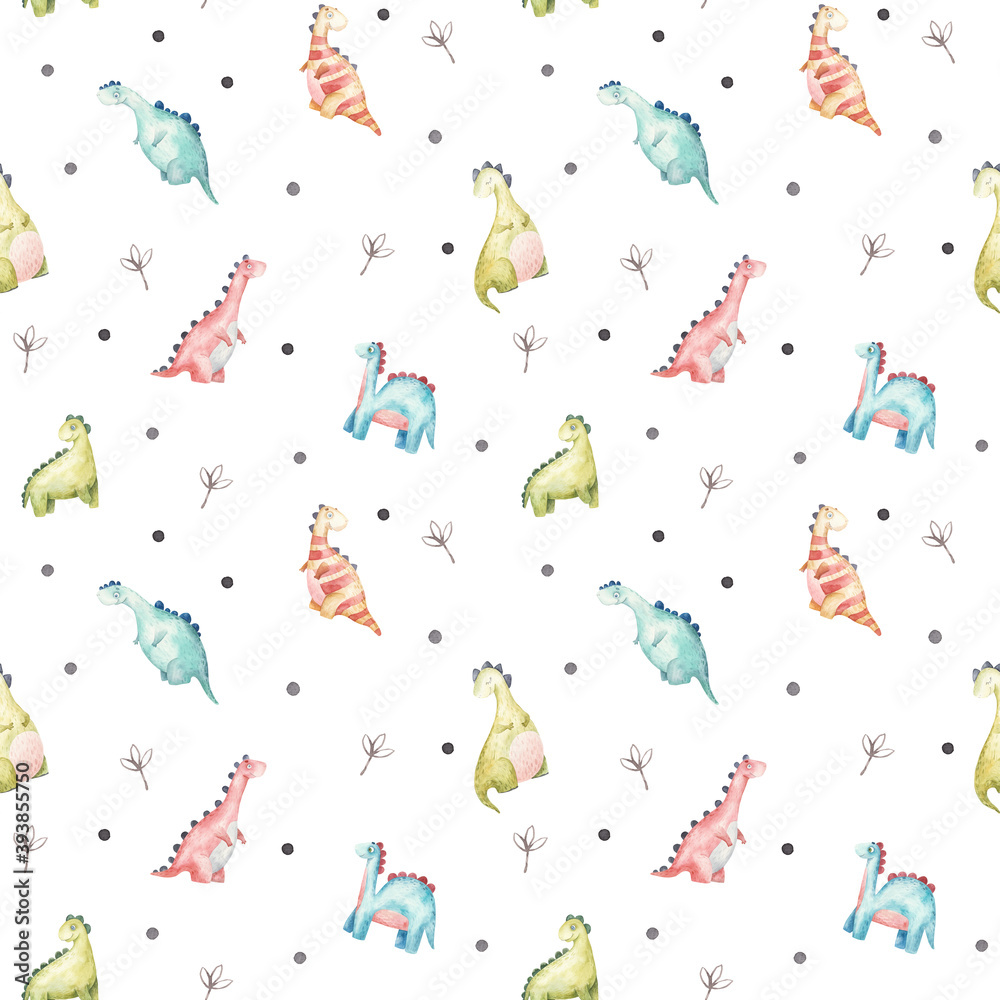 Obraz premium seamless pattern with cartoon dinosaurs, watercolor illustration on white background