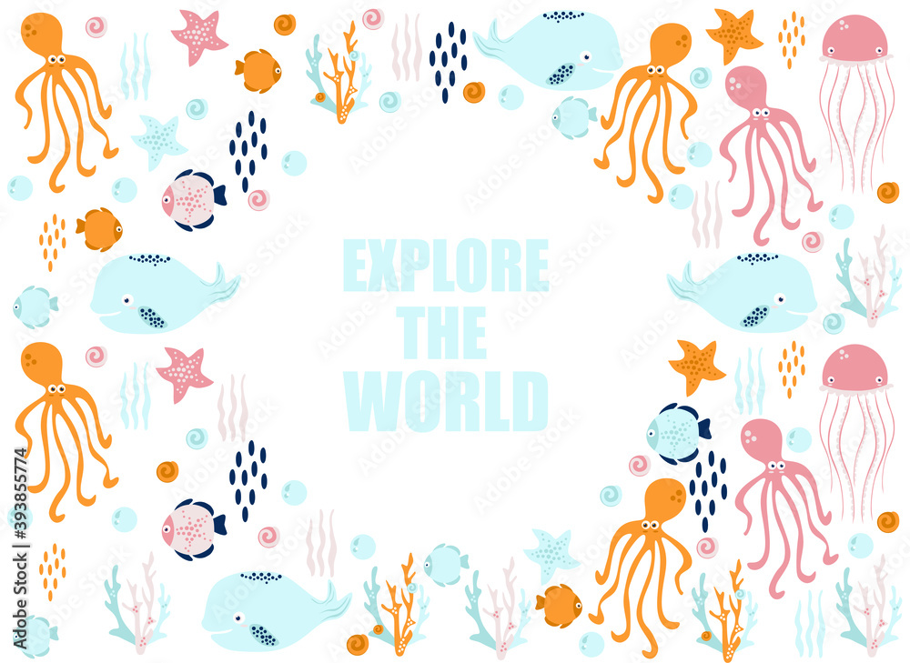 poster of the sea world, vector illustration of fish, whale, jellyfish, squid, stars, seashells, corals