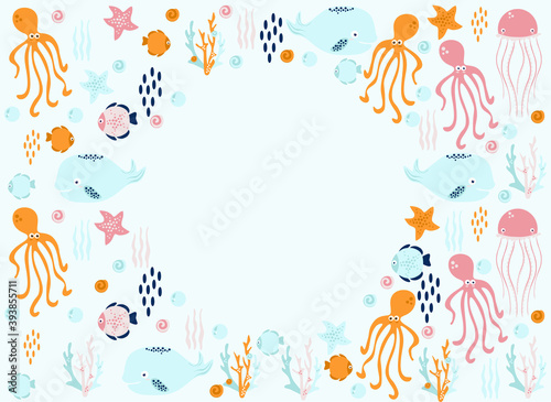 poster of the sea world, vector illustration of fish, whale, jellyfish, squid, stars, seashells, corals