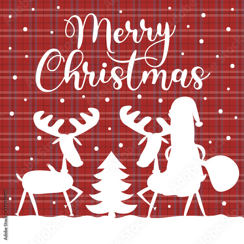 Merry Christmas greeting with reindeer and Santa Claus silhouette. Good for greeting card, postcard, poster, banner and gift design.