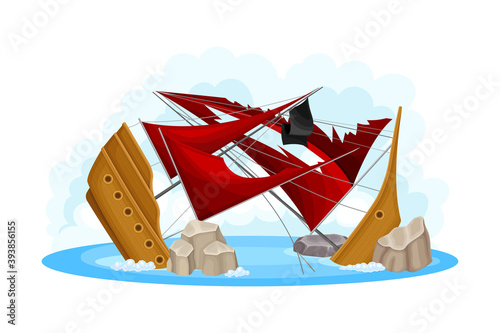 Wreckage of Pirate Ship or Vessel with Ripped Red Sail Vector Illustration